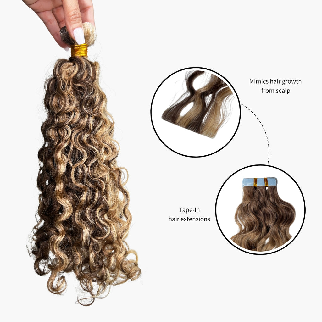 Honey Blonde Highlights Curly Invisible Tape-In Extensions | Curly Heaven™ 
