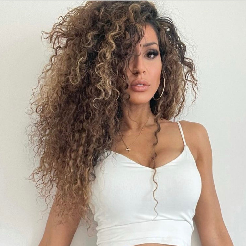 Wavy Curly Chocolate + Blonde Highlights Clip-In Extensions
